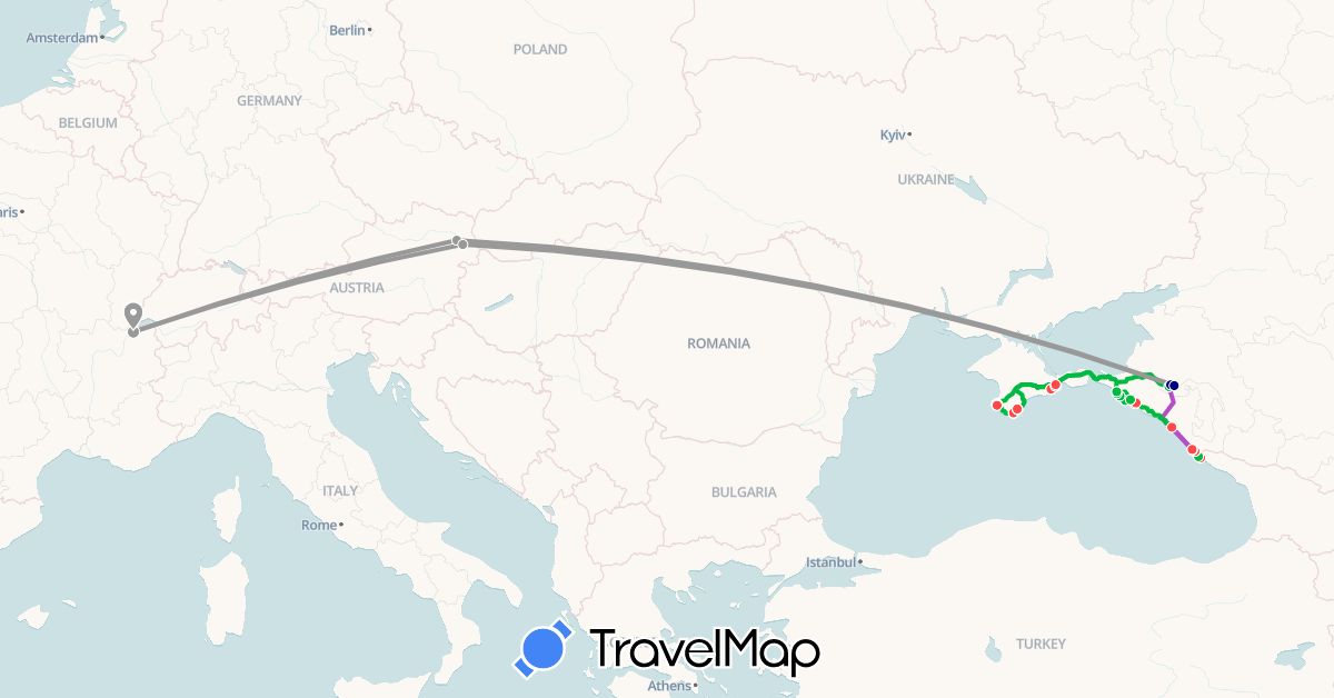 TravelMap itinerary: driving, bus, plane, train, hiking, boat in Austria, Switzerland, Russia (Europe)