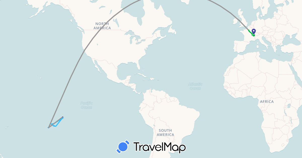 TravelMap itinerary: driving, bus, plane, cycling, hiking, boat, electric vehicle, plongée in Switzerland, France, French Polynesia, United States (Europe, North America, Oceania)